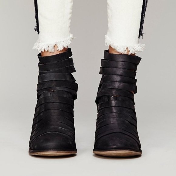 Free People New Boots HYBRID Strappy Suede Leather Booties NIB BLACK Women's 10 - Picture 6 of 14